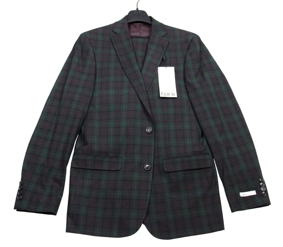 Bar III Other - Bar iii Suit Mens 38 L 32W Green Burgundy Plaid‎ Slim Fit Stretch 2 piece